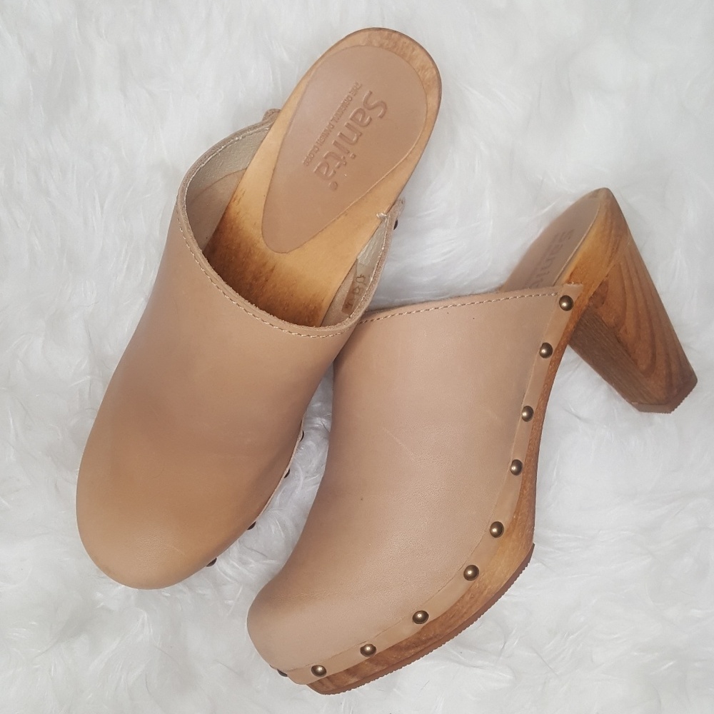 Sanita Tan Leather and Wood Clogs